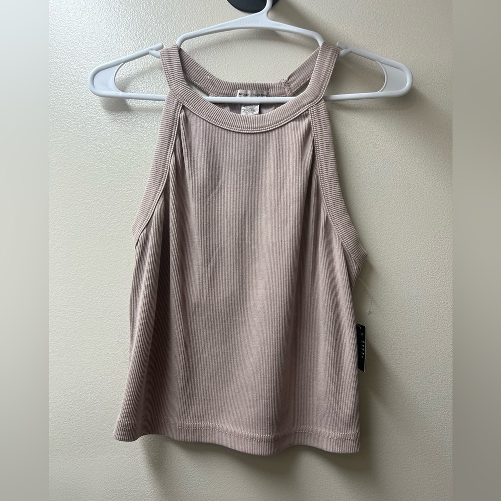 Better Together Women's Blush Ribbed Cropped Halter Tank Comfort Minimalist Sz L
